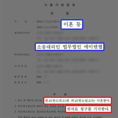 이혼위자료｜외도 유책 사유 주장하는 피고 상대로 위자료 5천만 원 전액 기각 성공